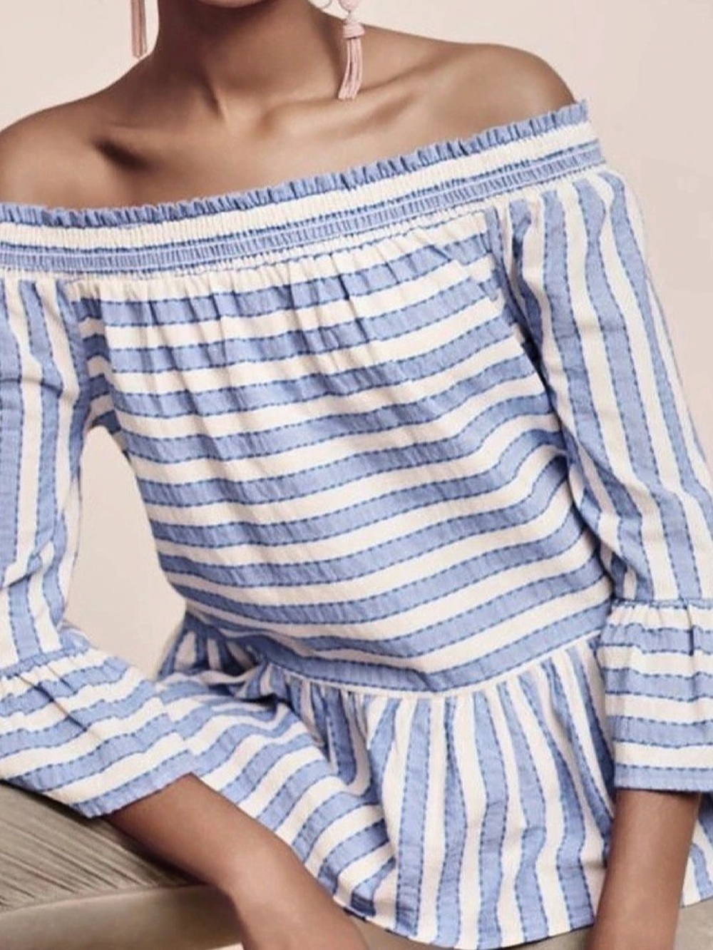 Maeve Striped Off-Shoulder Blouse in Blue & White